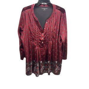 Croft & Barrow Velvet Blouse XL Burgundy 3/4 Sleeve Pleated Paisley Tunic Top